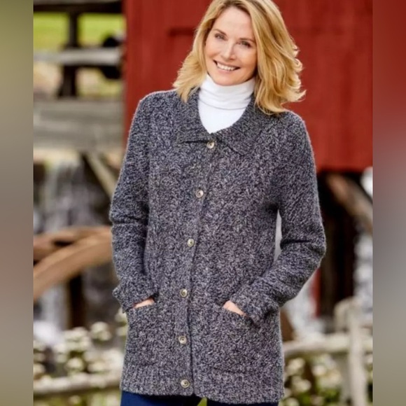 Vermont Country Store Wool Blend Cable Knit Marbled Navy Blue Cardigan Size L - Picture 12 of 12